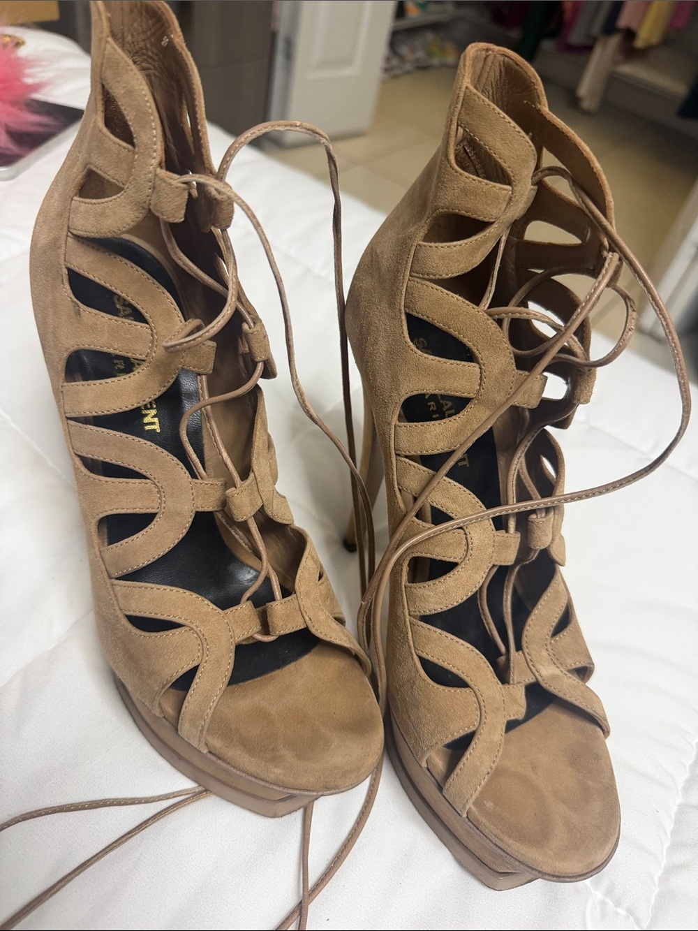 Yves Saint Laurent Tan Suede Lace-Up Cutout Heels